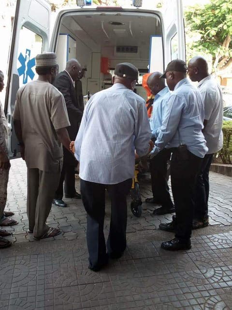 Senator Dino Melaye arrived at Zankli Hospital Abuja in a stretcher