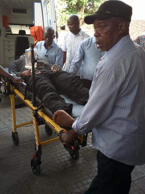 Senator Dino Melaye arrived at Zankli Hospital Abuja in a stretcher