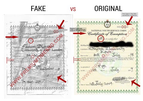 The fake NYSC exemption certificate alongside an original exemption certificate issued the same year.